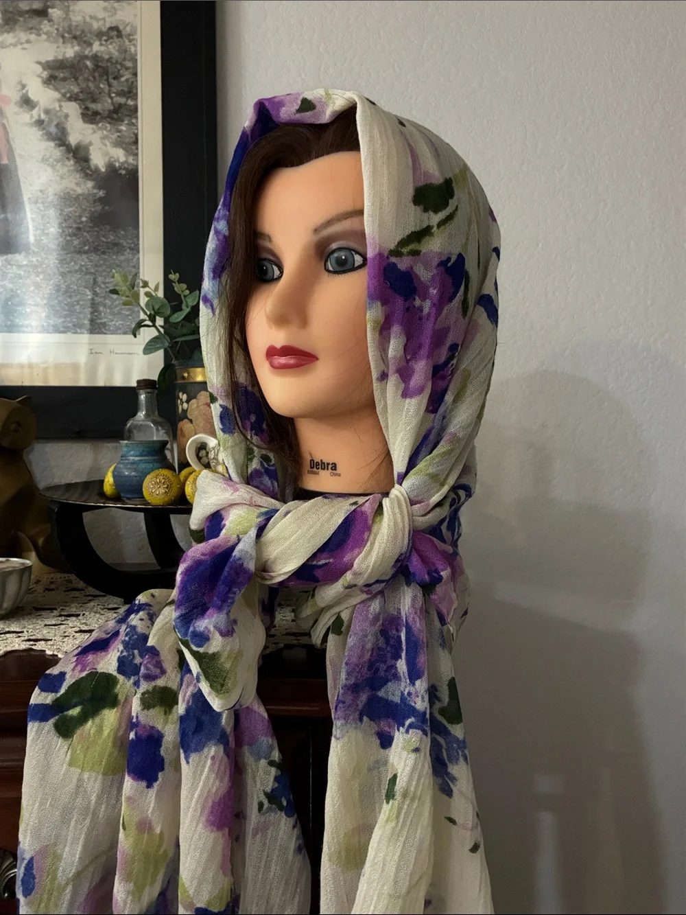 Lightweight Floral Scarf in Purple and Green - Unbranded